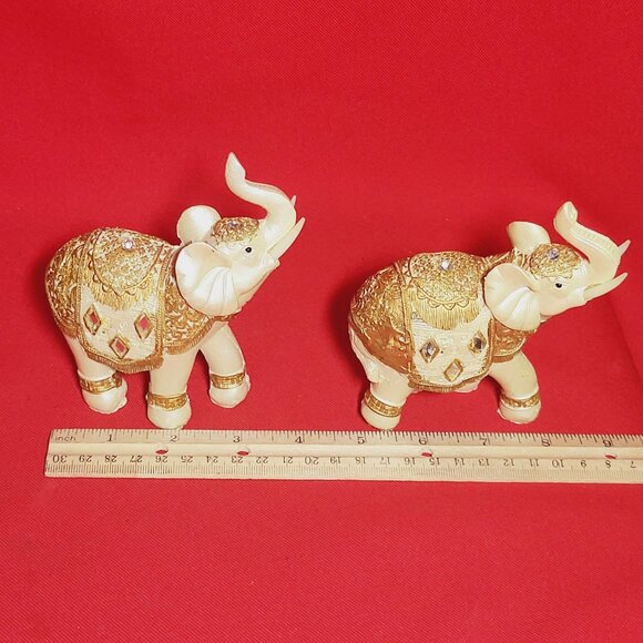Decorated Elephant Trunk Up Statue Figurine Home Decor Set of 2 - Picture 11 of 13